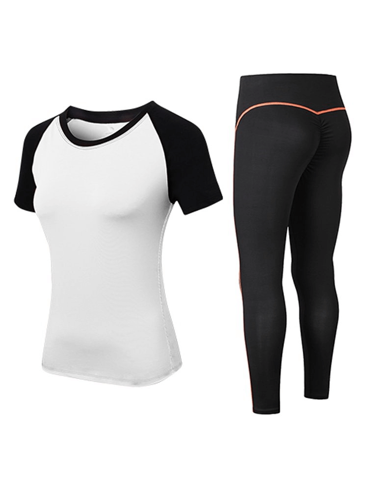 Women's sports elastic short-sleeve split suit for yoga and running, featuring eco-friendly quick-drying polyester fabric.